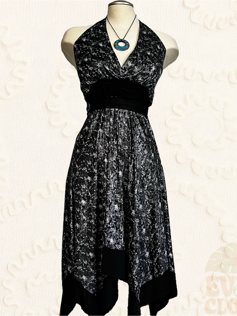 Y2K Candy Couture Halter Dress Black & Silver Size Small Tie Waistband